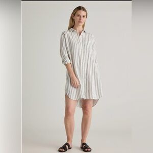 Quince 100% European Linen Shirt Dress Size Large Cream Black Pinstripes